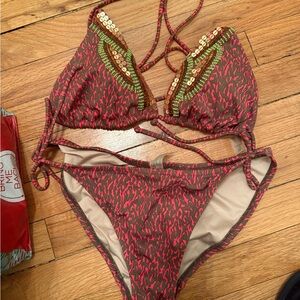 Red and Brown Patterned Bikini with Beaded Detail